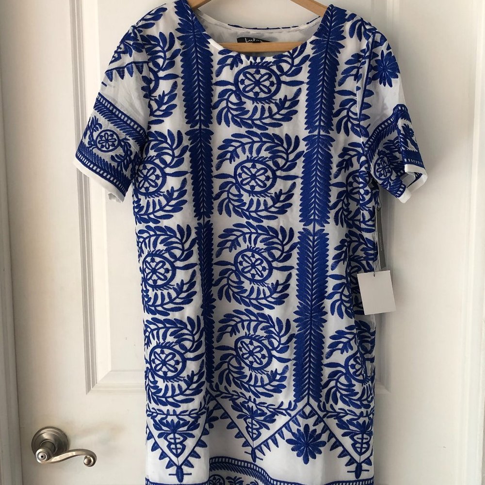 LULUs Blue and White Embroidered Shift Dress